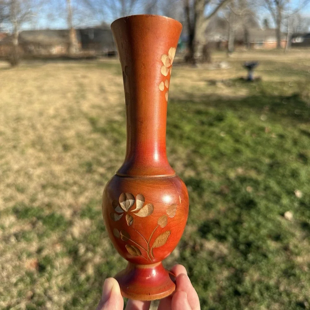 Vintage Hand Carved Painted Floral Red/brown Wooden Vase Mexico 7.5